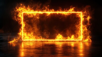 Fiery rectangle frame, dark studio, flames, reflection, design element