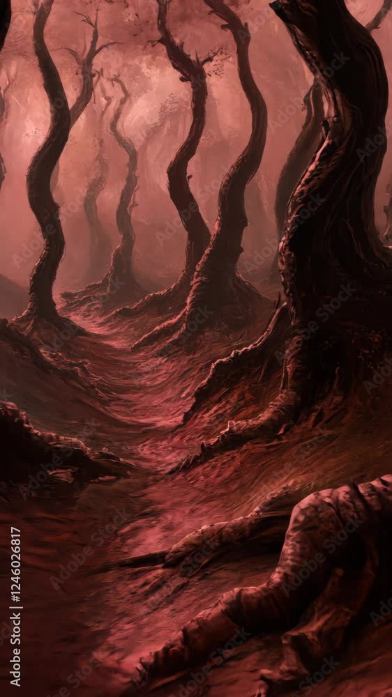 Poster twisted trees create a surreal atmosphere in a mysterious forest at dusk
