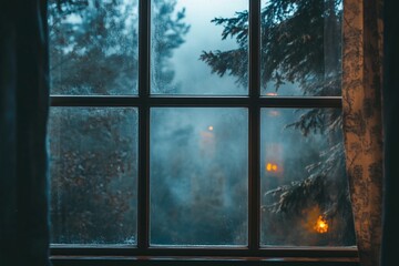 Cozy Winter View Through Frosted Window Overlooking Snowy Forest With Warm Indoor Lighting