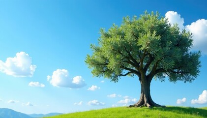 Fototapeta premium Olive tree against blue sky with few white clouds, branches, peaceful