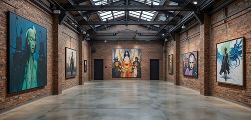 A striking art gallery set in a converted warehouse, blending industrial rawness with contemporary sophistication. Exposed brick walls and steel beams provide a dramatic backdrop for avant-garde artwo