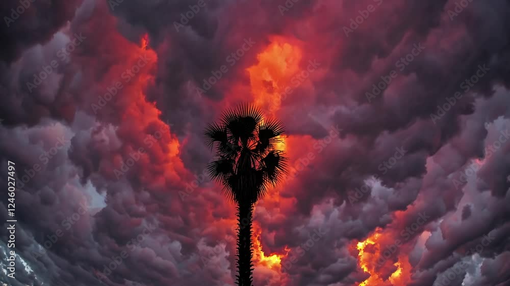 Poster A lone palm tree silhouetted against an enormous fiery explosion in the sky.