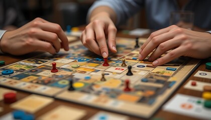 A close-up of hands actively playing a strategic board game, surrounded by different game pieces and tokens on a wooden table.