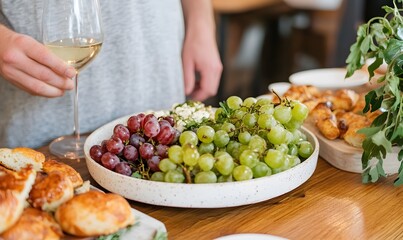 Obraz premium Enjoying grapes and appetizers at a restaurant table, Generative AI