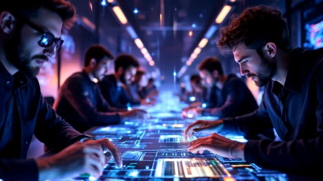 Team of professionals collaborating on futuristic digital interface in tech hub. Technology concept