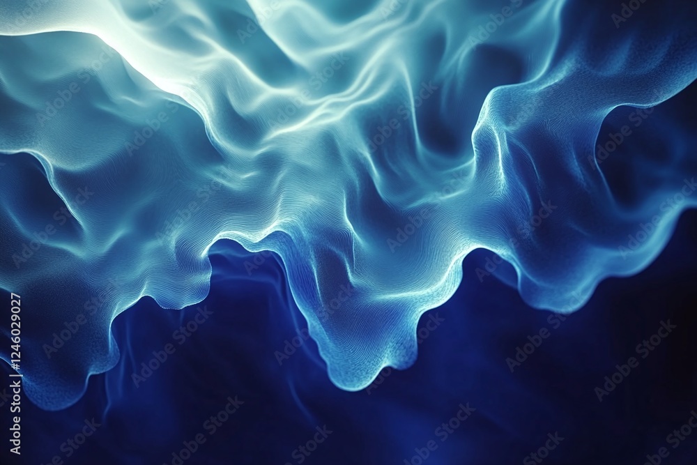 Poster abstract flowing blue waves with light glow representing energy and softness on dark background