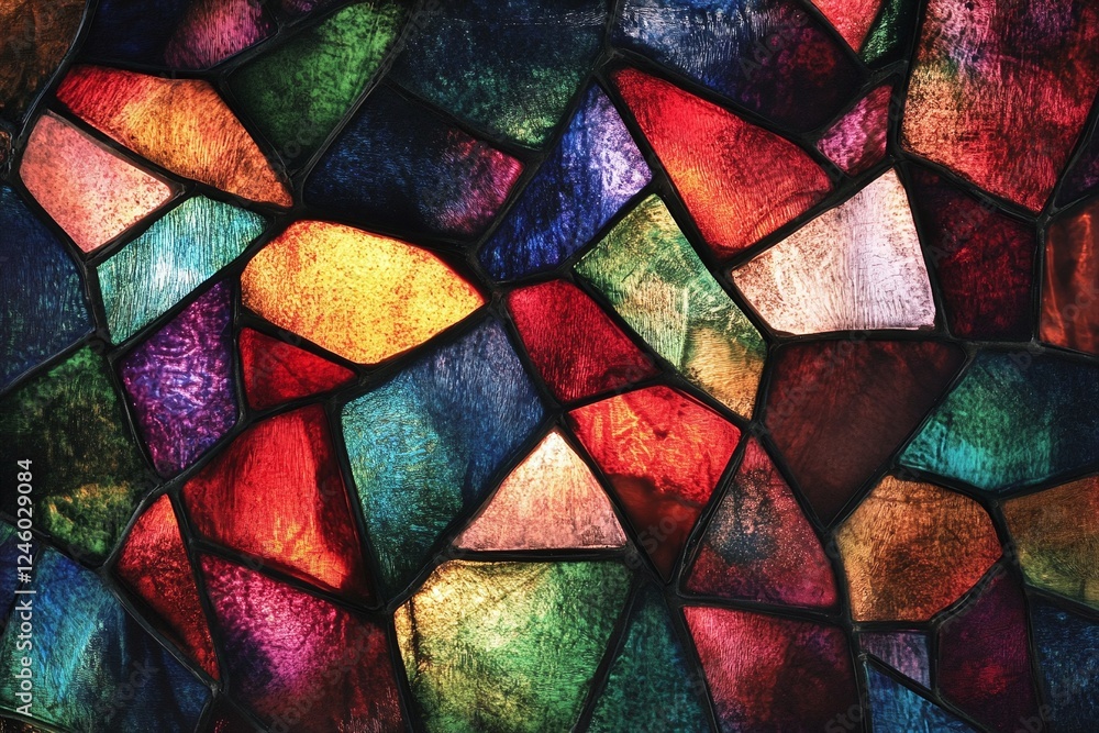 Poster vibrant multicolored stained glass window with abstract geometric patterns and textured background
