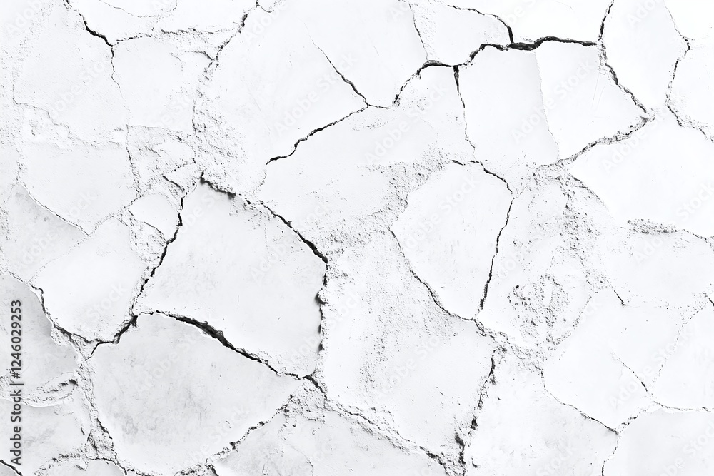 Poster white cracked plaster texture with irregular patterns on a smooth surface representing aging and dam