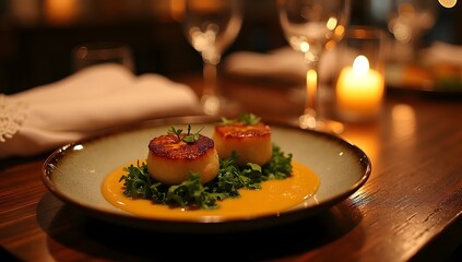 A sophisticated dining experience with warm lighting, refined details, and an intimate ambiance. AI-generated.	