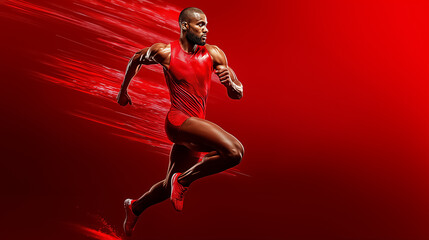 A man sprints with determination wearing a red track and field jersey amidst a striking red backdrop. His powerful musculature and dynamic motion emphasize strength and speed