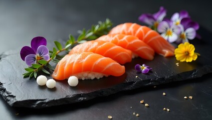 A sleek, modern sushi display with precise arrangement and stunning colors, exuding sophistication. AI-generated.	