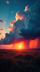 Fototapeta premium Fiery Sunset Landscape with Dramatic Storm Clouds and a Single Lightning Bolt Illuminating the Prairie