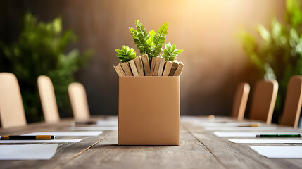 A meeting in an eco-friendly corporate lounge with furniture made from recycled materials