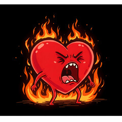 Cartoon heart on fire yelling 
