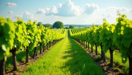 Naklejka premium Vineyard fields swaying in gentle spring breeze, rustic countryside, field of gold, green shoots