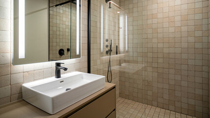 Fototapeta premium Modern Minimalist Bathroom Interior with White Sink, Black Faucet, Illuminated Rectangular Mirror, Tall Beige Storage Cabinet, and Glass-Enclosed Shower Area Featuring Black Showerhead 