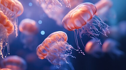 Obraz premium A mesmerizing dance of translucent jellyfish in the deep blue ocean with bokeh lights