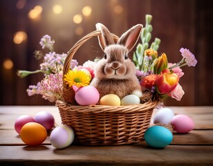 A charming Easter basket filled with colorful eggs, fresh flowers, and a plush bunny, creating a festive and joyful scene perfect for celebrating the holiday.
