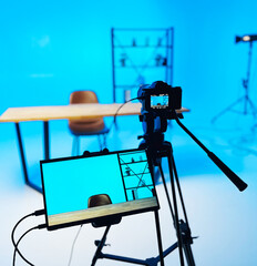 Microphone setup for engaging podcast interview in a vibrant studio environment