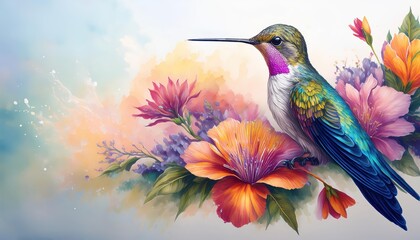 Vibrant and Delicate Hummingbird Perched on a Green Branch in a Lush, Tropical Landscape, Showcasing Exquisite Detail and Artistic Brilliance.