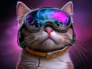 minimal photostock of a  White cat wearing VR headset, surreal worlds and colorful, black in the background and purple light