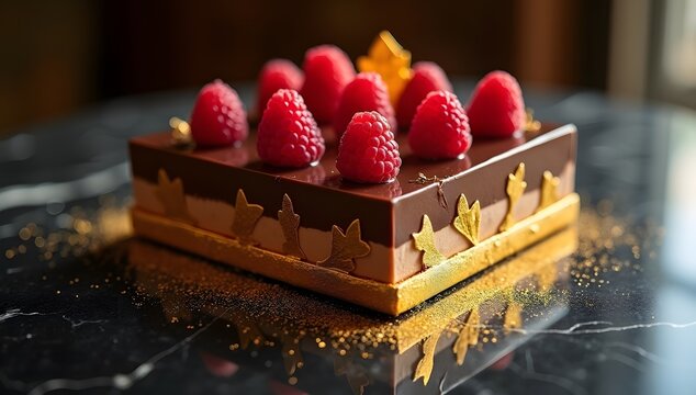 A rich, elegant dessert with luxurious textures, gold leaf, and artistic plating, radiating indulgence. AI-generated.	