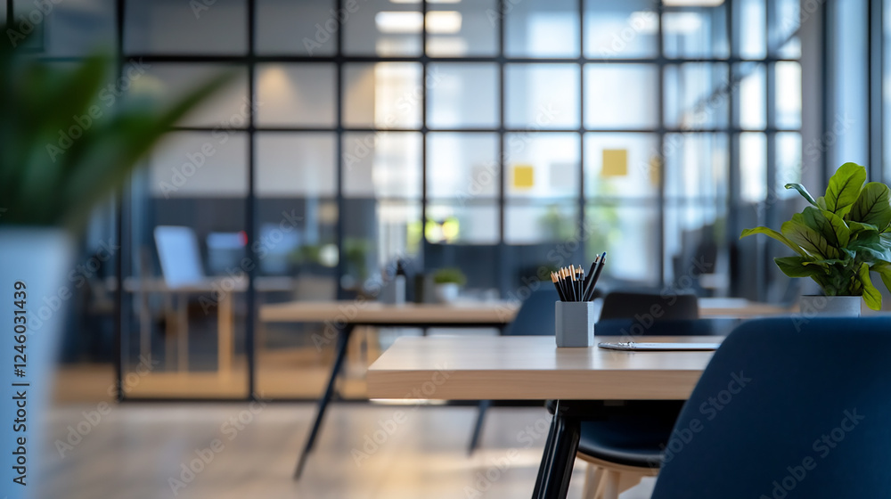 Poster blur background of empty modern office background in city center workspace modern office interior wi