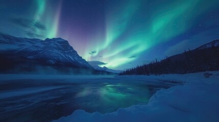 Naklejka premium Aurora Borealis over Frozen Lake and Mountains