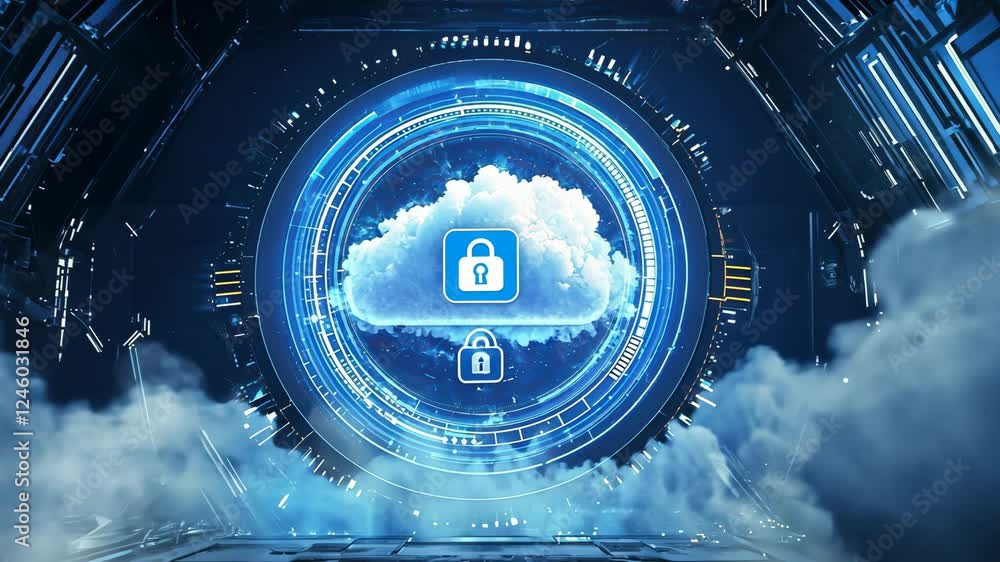Poster futuristic cloud security interface with digital lock animation in a cybernetic tunnel