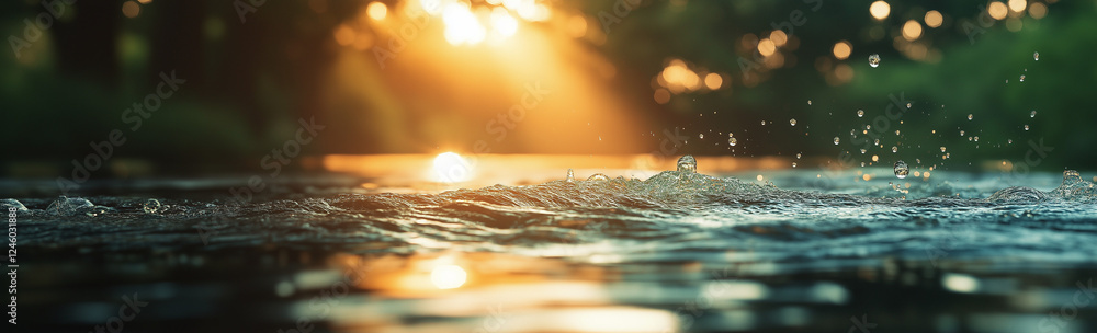 Poster blurred background of water and green trees with sunlight reflection, a nature-inspired blurred back