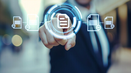 Digital Document Management A close-up shot of a businessman's hand interacting with a futuristic holographic interface, showcasing seamless document management and data flow.