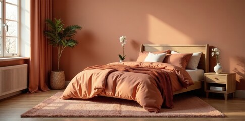 Serene Bedroom Interior Design Featuring a Plush Terracotta Bedding Set on a Soft Rug