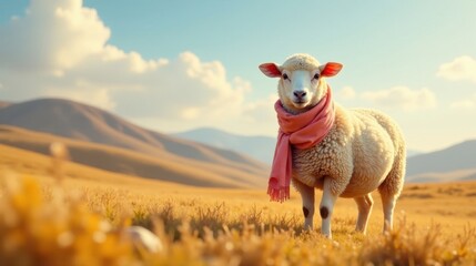A fluffy sheep in a soft pink scarf stands in a golden field, bathed in the warm glow of the setting sun, a tranquil pastoral scene.