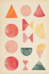 a postcard with pastel-colored geometric shapes--circles, triangles, and squares--on a cream background. 