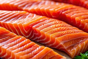 Vibrant red fish fillets, glistening, close-up.  A candid glimpse of culinary artistry.