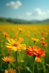 Fototapeta premium Orange marigold and yellow daisies in a field, marigold, yellow