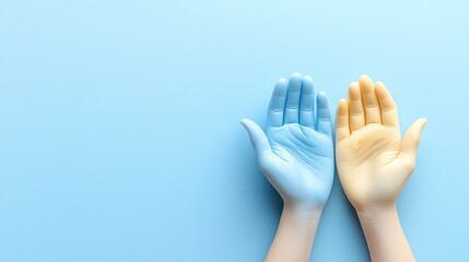 Obraz premium Blue and yellow hands reaching up, pastel background, unity concept, website banner