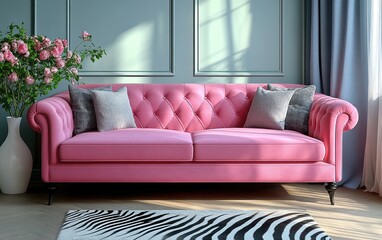 Modern Scandinavian Living Room with Pink Sofa and Zebra Print Rug
