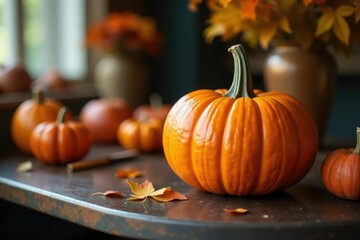 Orange pumpkin is placed on a metal table as a decoration amidst other seasonal items, fall colors, reflective, decor