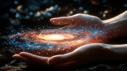 Fototapeta premium Hands holding a glowing spiral galaxy with cosmic dust and stars in a surreal space concept