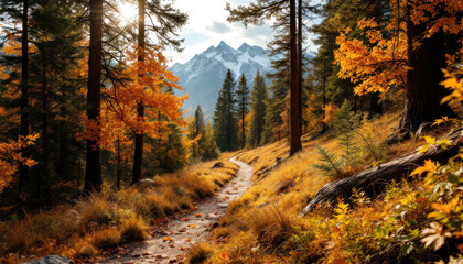 Obraz premium Autumnal Path Through Majestic Mountains