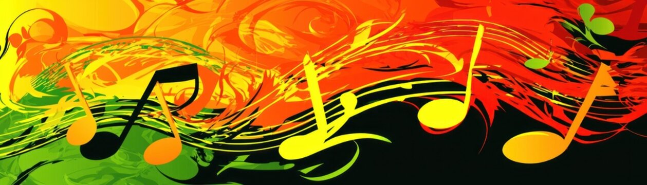 Colorful music notes swirl; reggae background; design element