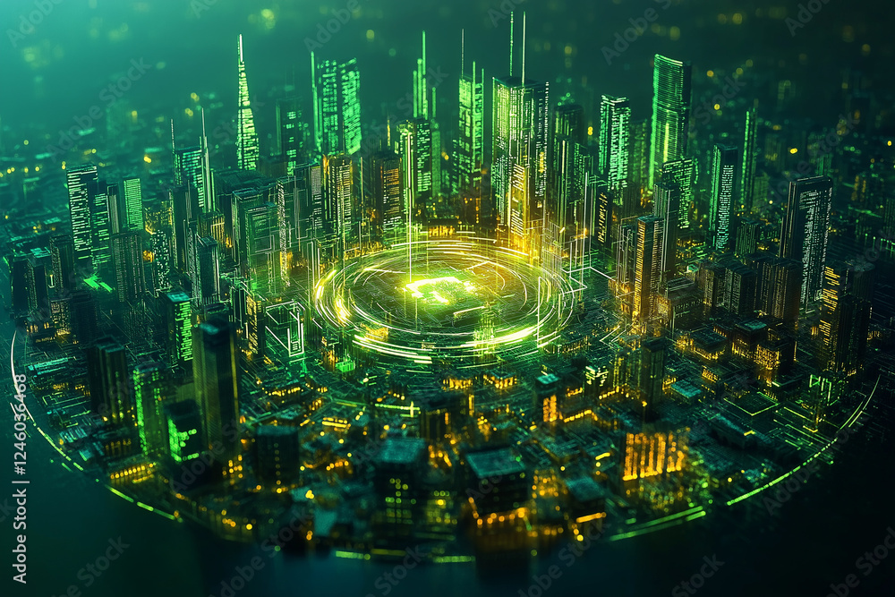 Poster futuristic digital metropolis, 3d rendered circuitry and motherboard visualization - information tec