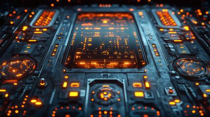 Futuristic control panel glows orange tech interface abstract. Sci-fi machine interface digital system technology command center cyber punk background.