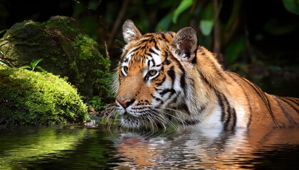 Naklejka premium Majestic Tiger in the Enchanting Forest Pond A Moment of Wildlife Serenity at Dusk, Captured on January th,