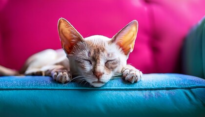 Cozy Oriental Shorthair Cat Lounging on a Mid-Century Modern Sofa