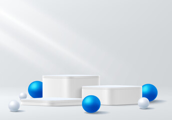 A modern minimalistic scene with two white platforms surrounded by blue and white spheres under soft light rays. Ideal for product presentation.