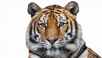 Fototapeta premium Majestic Bengal Tiger Strikes a Pose Against a White Backdrop, Showcasing Its Power and Regality in a Captivating CloseUp