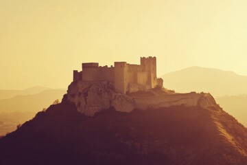 Obraz premium Majestic ancient castle standing proudly on a hilltop during sunset showcasing minimalist beauty and tranquil atmosphere. Generative AI