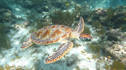 Obraz premium Sea turtle swimming coral reef underwater ocean wildlife